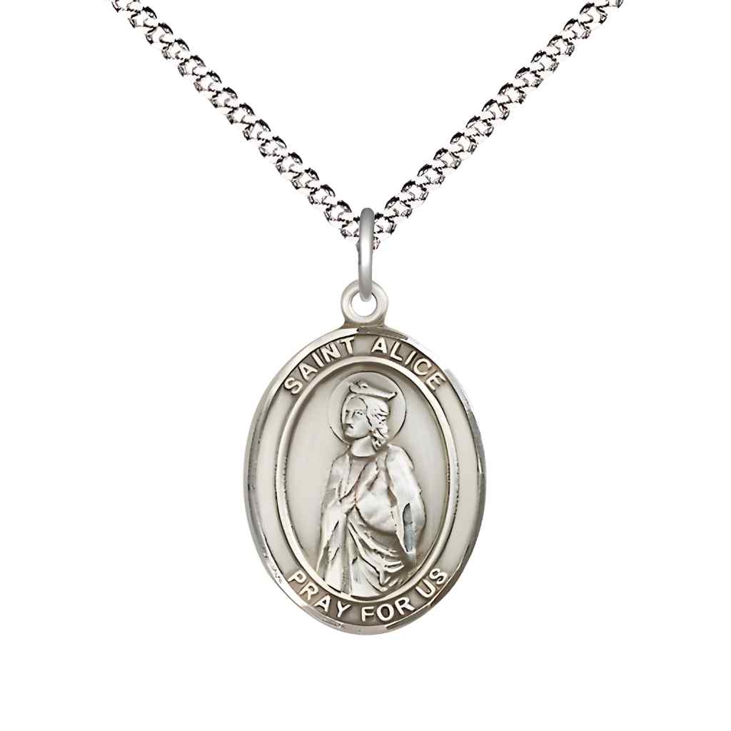 Medium Saint Alice Sterling Silver Oval Medal Pendant with 18" Rhodium-plated Curb Chain with Deluxe Gift Box | Bliss Manufacturing