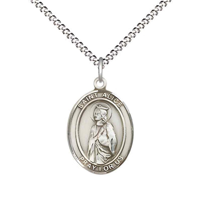 Medium Saint Alice Sterling Silver Oval Medal Pendant with 18" Rhodium-plated Curb Chain with Deluxe Gift Box | Bliss Manufacturing