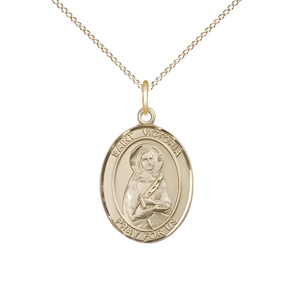 Bliss St. Victoria 14kt Gold Oval Medal Pendant with 14kt Gold Chain, Measures 3/4-inch tall by 1/2-inch wide.