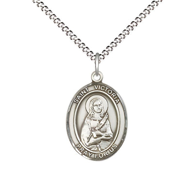 St. Victoria Pewter Oval Medal Pendant with Rhodium-plated Chain, Measures 3/4-inch tall by 1/2-inch wide, Bliss Manufacturing