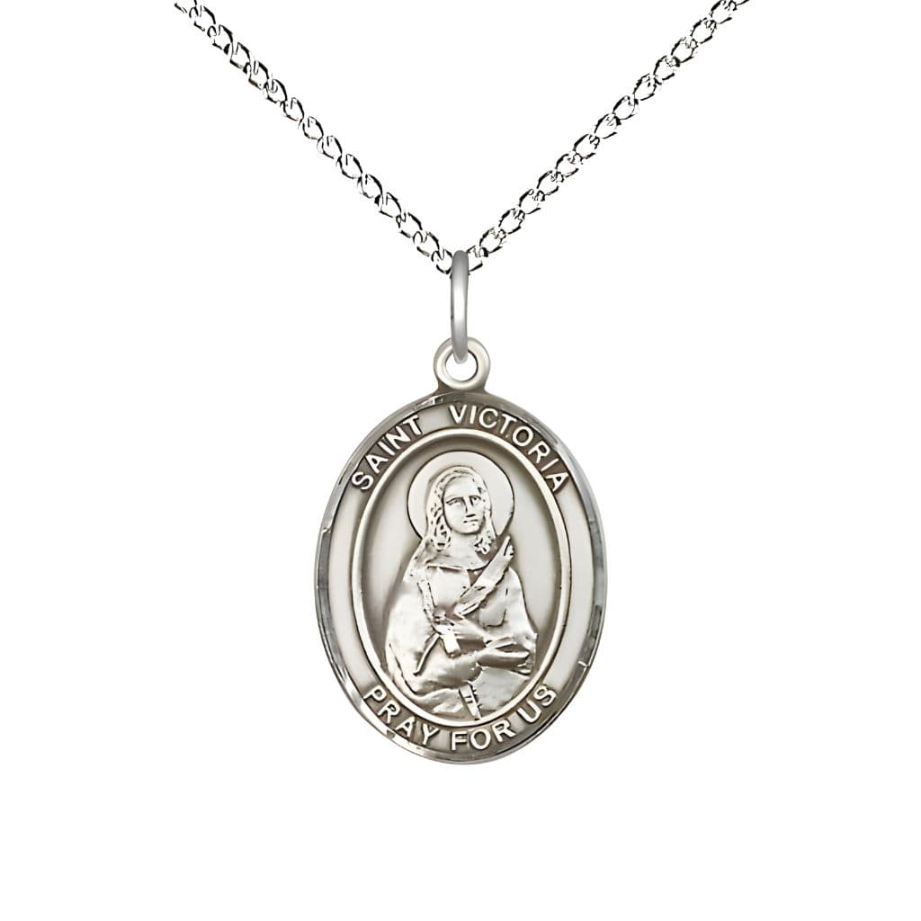 Bliss St. Victoria Sterling Silver Oval Medal Pendant with Sterling Chain, Measures 3/4-inch tall by 1/2-inch wide.