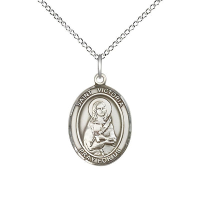 St. Victoria Sterling Silver Oval Medal Pendant with Sterling Chain, Measures 3/4-inch tall by 1/2-inch wide, Bliss Manufacturing
