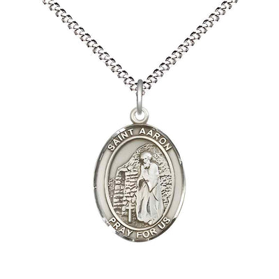 Medium Saint Aaron Pewter Oval Medal Pendant with 18" Rhodium-plated Curb Chain with Deluxe Gift Box | Bliss Manufacturing