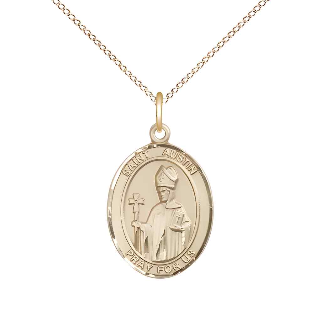 Medium Saint Austin 14kt Gold Oval Medal Pendant with 14kt Gold Curb Chain in Deluxe Gift Box | Bliss Manufacturing