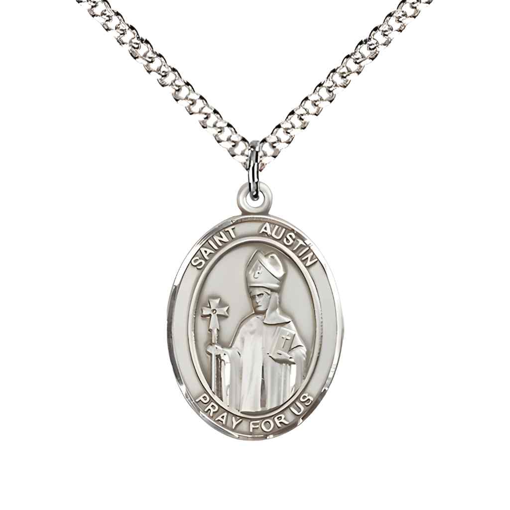 Medium Saint Austin Sterling Silver Oval Medal Pendant with Rhodium-plated Curb Chain in Deluxe Gift Box | Bliss Manufacturing
