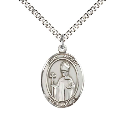 Medium Saint Austin Sterling Silver Oval Medal Pendant with Rhodium-plated Curb Chain in Deluxe Gift Box | Bliss Manufacturing