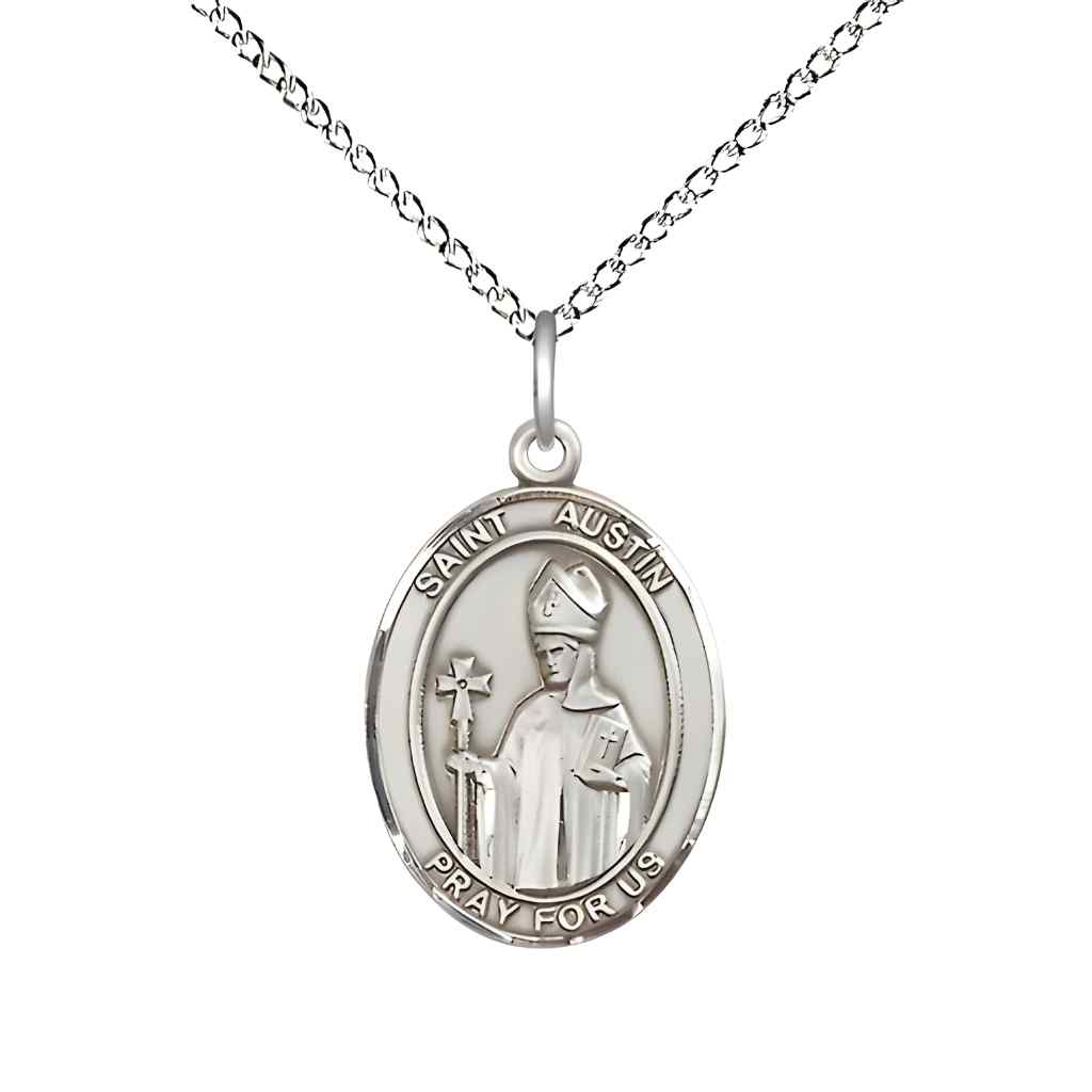 Medium Saint Austin Sterling Silver Oval Medal Pendant with Sterling Silver Curb Chain in Deluxe Gift Box | Bliss Manufacturing