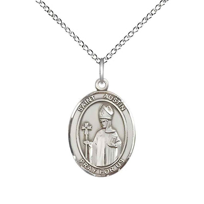 Medium Saint Austin Sterling Silver Oval Medal Pendant with Sterling Silver Curb Chain in Deluxe Gift Box | Bliss Manufacturing