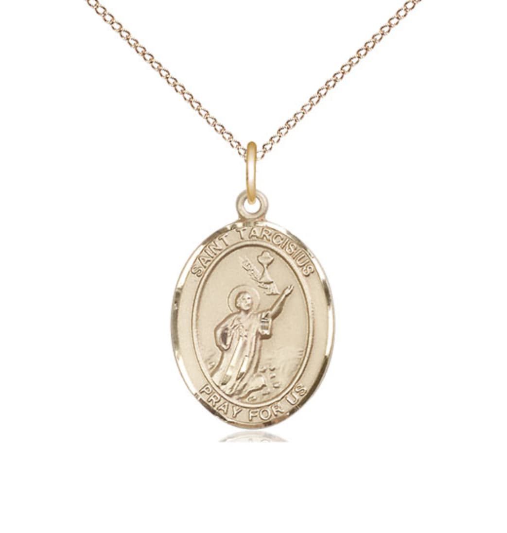 Bliss 14kt Gold St Tarcisius Pendant on a 18 inch 14kt Gold Light Curb Chain,