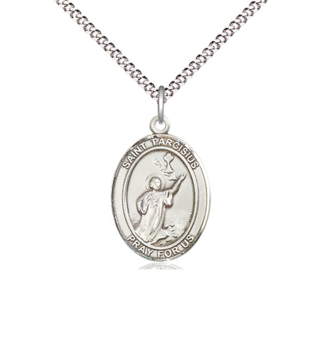 Bliss St Tarcisius Sterling Silver Oval Medium Medal Necklace with Plated Chain,