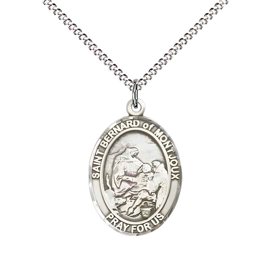 Medium Saint Bernard of Montjoux Pewter Oval Medal Pendant with 18" Rhodium-plated Curb Chain in Deluxe Gift Box | Bliss Manufacturing