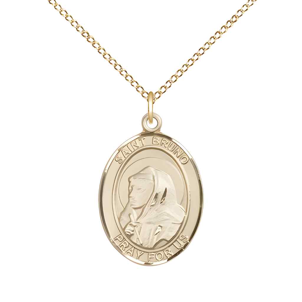Medium Saint Bruno 14kt Gold Oval Medal Pendant with 14kt Gold Curb Chain with Deluxe Gift Box | Bliss Manufacturing