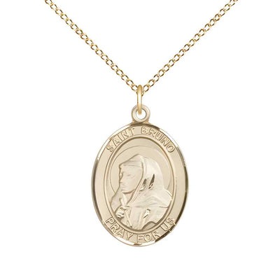 Medium Saint Bruno 14kt Gold Oval Medal Pendant with 14kt Gold Curb Chain with Deluxe Gift Box | Bliss Manufacturing