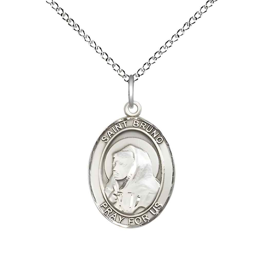 Medium Saint Bruno Sterling Silver Oval Medal Pendant with Sterling Silver Curb Chain with Deluxe Gift Box | Bliss Manufacturing