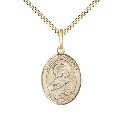 St. Perpetua 14kt Gold-filled Oval Medal Pendant with Gold-plated Chain, Measures 3/4-inch tall by 1/2-inch wide. Deluxe Gift Box, Bliss Manufacturing