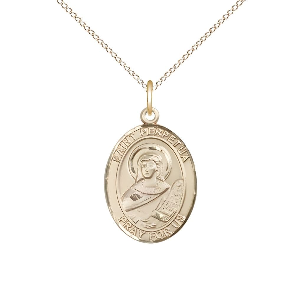 Bliss St. Perpetua 14kt Gold Oval Medal Pendant with 14kt Gold Chain, Measures 3/4-inch tall by 1/2-inch wide. Deluxe Gift Box.
