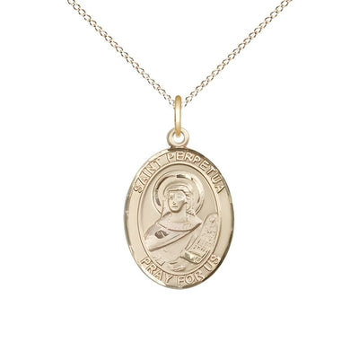 St. Perpetua 14kt Gold Oval Medal Pendant with 14kt Gold Chain, Measures 3/4-inch tall by 1/2-inch wide. Deluxe Gift Box, Bliss Manufacturing