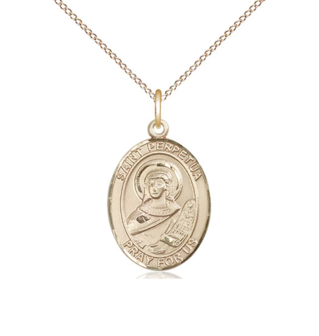 Bliss Manufacturing St Perpetua 14kt Gold Medium Oval Medal with 14kt Gold Chain,,