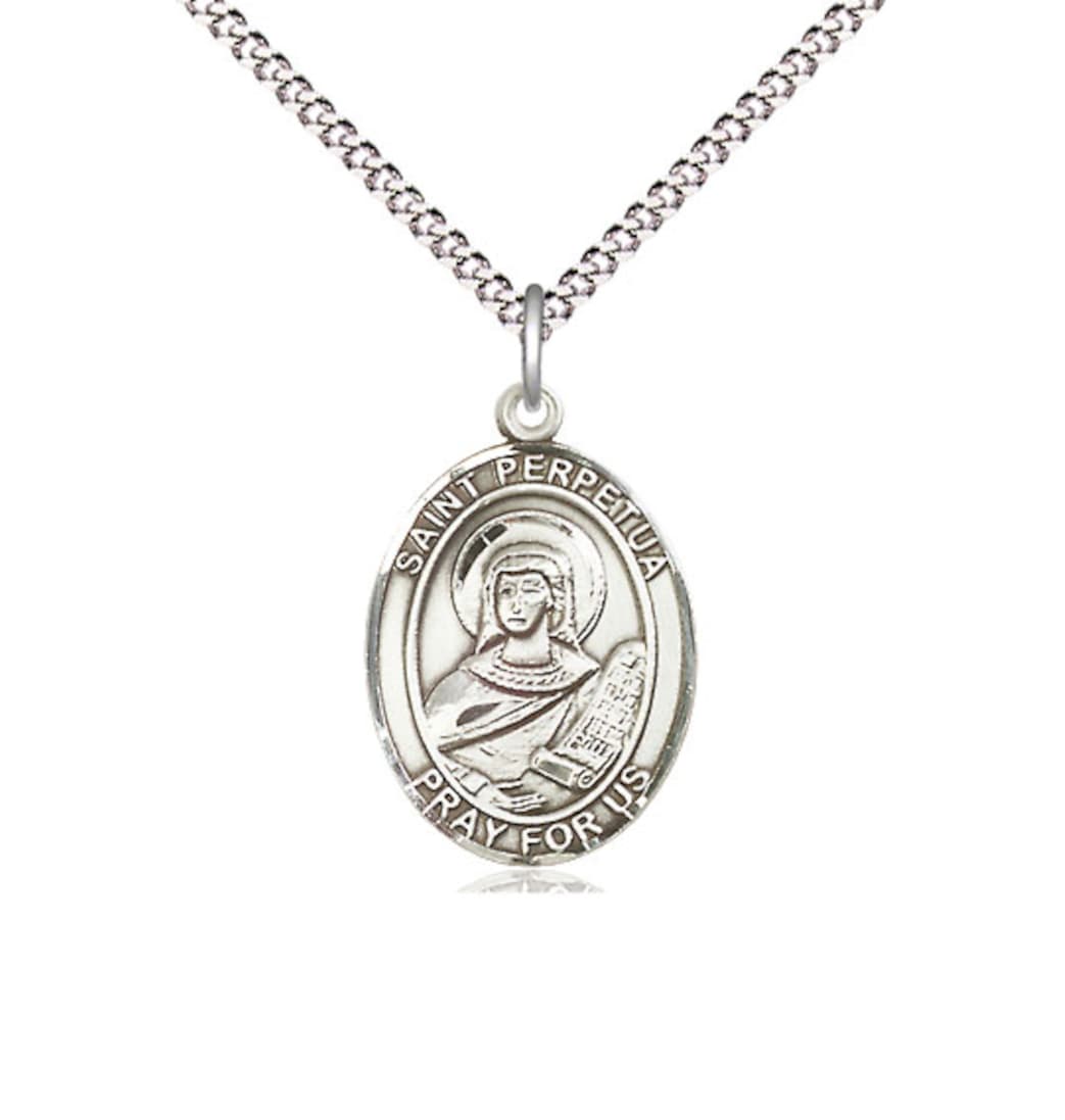 Bliss St Perpetua Pewter Oval Engravable Medium Medal Necklace w/Chain,