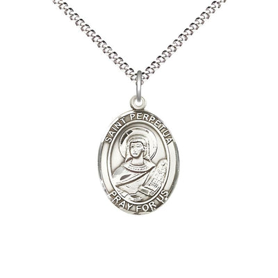 St. Perpetua Sterling Silver Oval Medal Pendant with Rhodium-plated Chain, Measures 3/4-inch tall by 1/2-inch wide. Deluxe Gift Box, Bliss Manufacturing