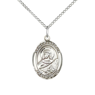 St. Perpetua Sterling Silver Oval Medal Pendant with Sterling Chain, Measures 3/4-inch tall by 1/2-inch wide. Deluxe Gift Box, Bliss Manufacturing