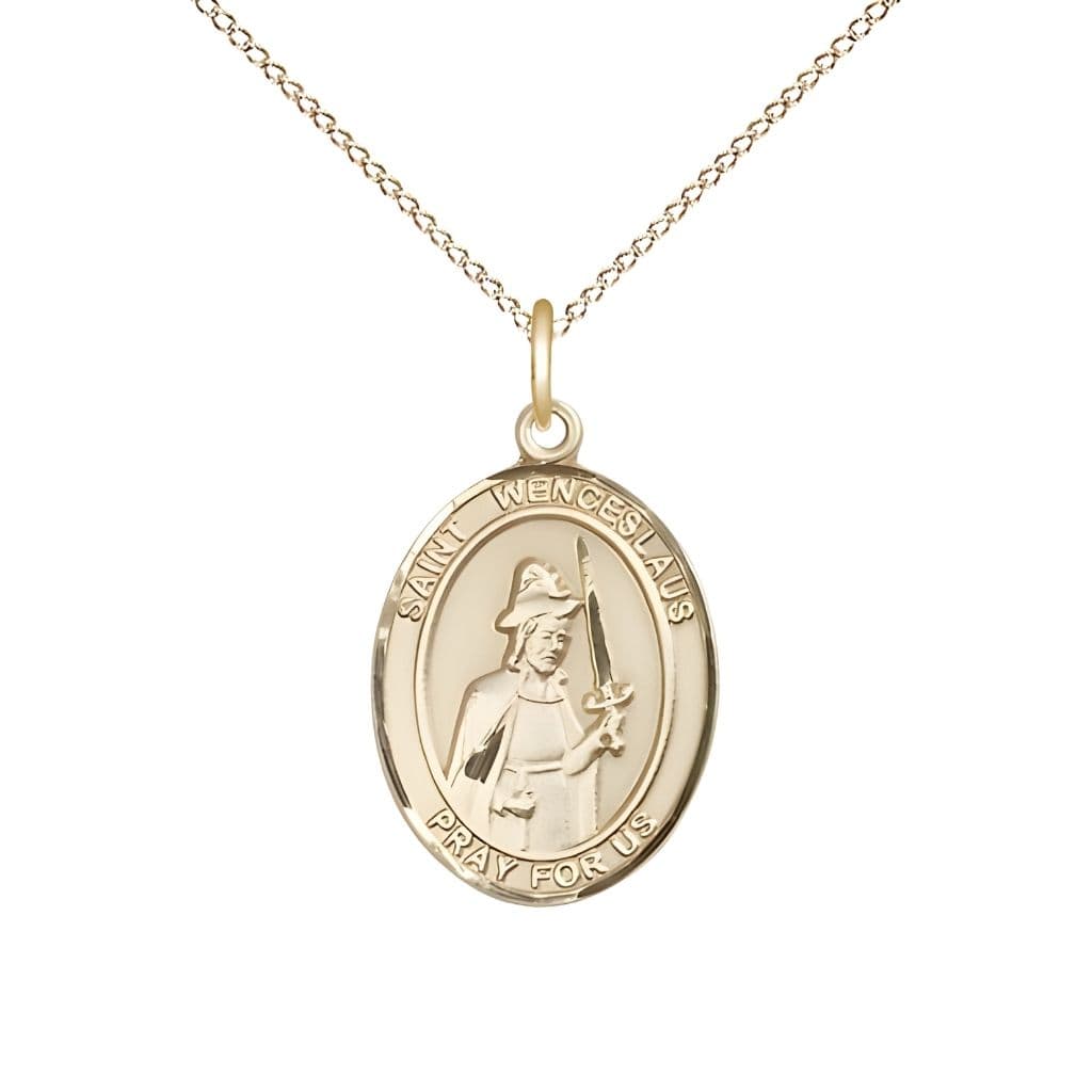 Bliss St. Wenceslaus 14kt Gold Oval Medal Pendant with 14kt Gold Chain, Measures 3/4-inch tall by 1/2-inch wide.