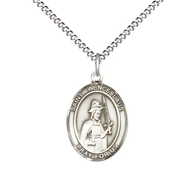 St. Wenceslaus Sterling Silver Oval Medal Pendant with Rhodium-plated Chain, Measures 3/4-inch tall by 1/2-inch wide, Bliss Manufacturing