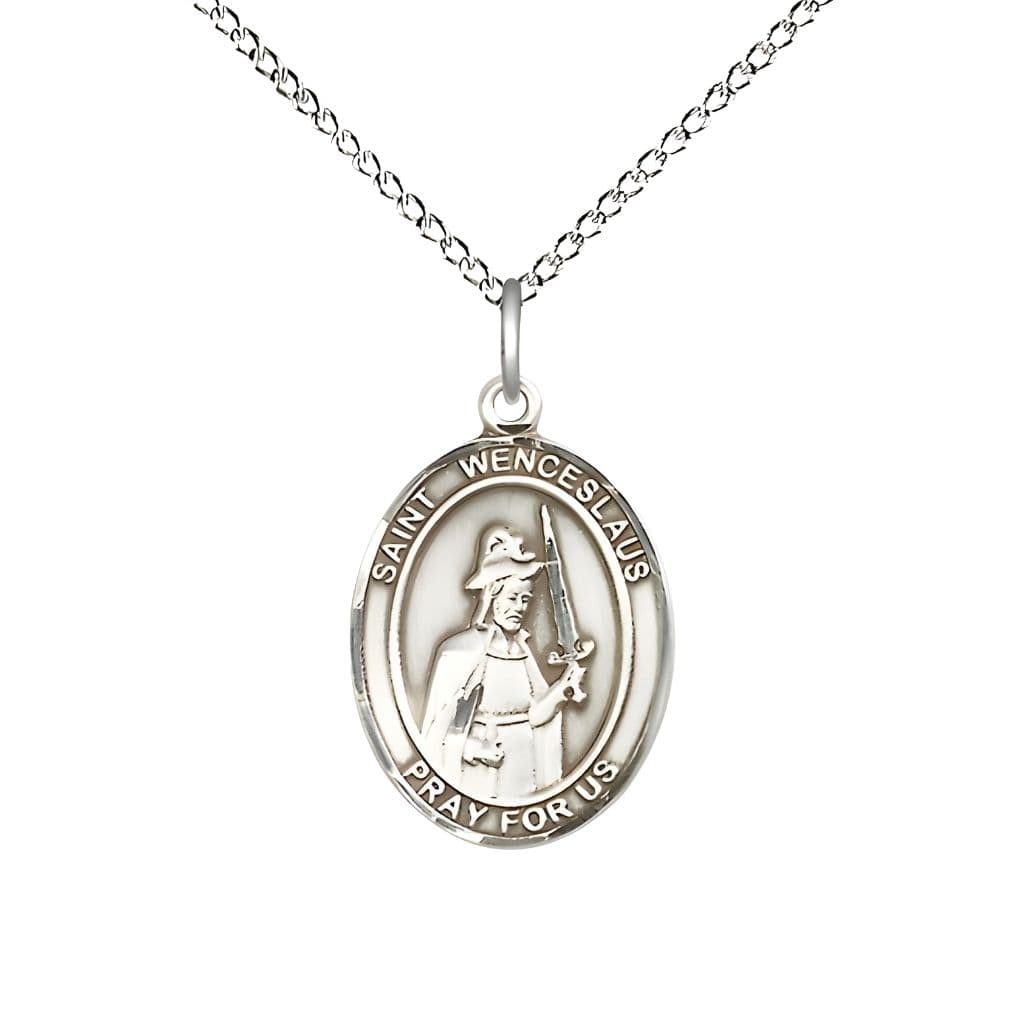 Bliss St. Wenceslaus Sterling Silver Oval Medal Pendant with Sterling Chain, Measures 3/4-inch tall by 1/2-inch wide.