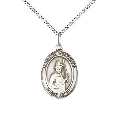 St. Wenceslaus Sterling Silver Oval Medal Pendant with Sterling Chain, Measures 3/4-inch tall by 1/2-inch wide, Bliss Manufacturing