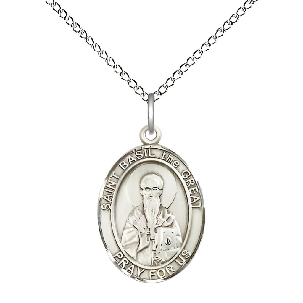 St. Basil the Great Sterling Silver Oval Engravable Medal, 3/4-inch, Sterling Silver Chain,