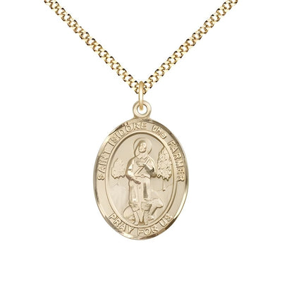St. Isidore the Farmer 14kt Gold-filled Oval Medal Pendant with Gold-plated Chain, Measures 3/4-inch tall by 1/2-inch wide. Deluxe Gift Box, Bliss Manufacturing