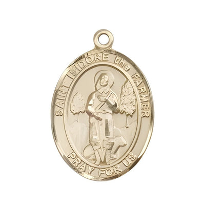 St. Isidore the Farmer 14kt Gold Oval Medal Pendant, Measures 3/4-inch tall by 1/2-inch wide. Deluxe Gift Box, Bliss Manufacturing