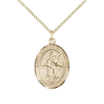 St. Isidore the Farmer 14kt Gold Oval Medal Pendant with 14kt Gold Chain, Measures 3/4-inch tall by 1/2-inch wide. Deluxe Gift Box, Bliss Manufacturing