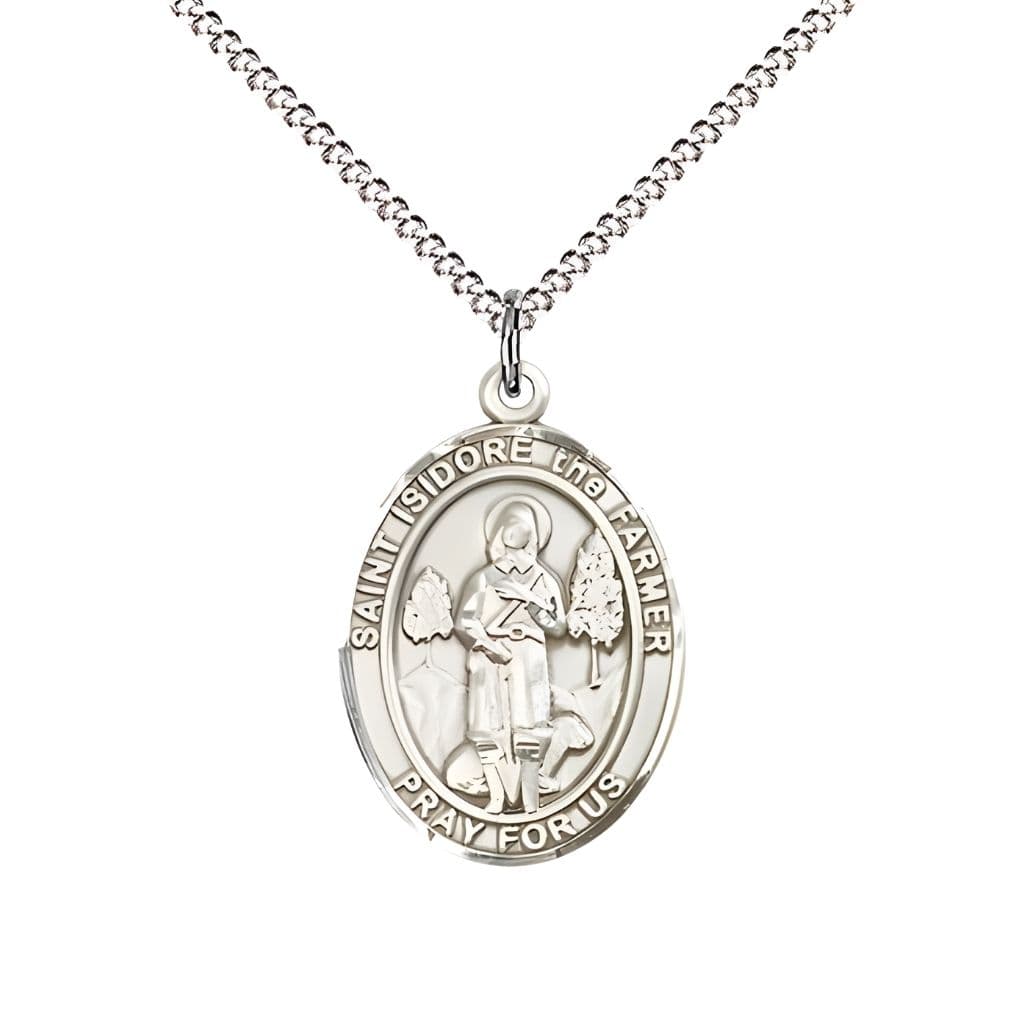 Bliss St. Isidore the Farmer Sterling Silver Oval Medal Pendant with Rhodium-plated Chain, Measures 3/4-inch tall by 1/2-inch wide. Deluxe Gift Box.