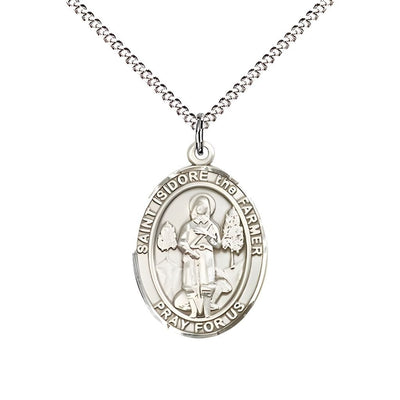 St. Isidore the Farmer Sterling Silver Oval Medal Pendant with Rhodium-plated Chain, Measures 3/4-inch tall by 1/2-inch wide. Deluxe Gift Box, Bliss Manufacturing