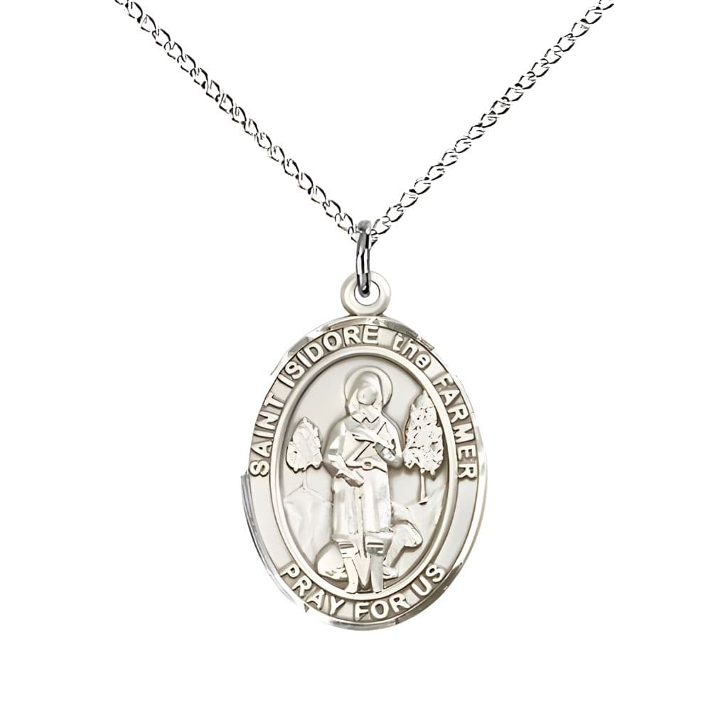 Bliss St. Isidore the Farmer Sterling Silver Oval Medal Pendant with Sterling Silver Chain, Measures 3/4-inch tall by 1/2-inch wide. Deluxe Gift Box.