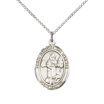 St. Isidore the Farmer Sterling Silver Oval Medal Pendant with Sterling Silver Chain, Measures 3/4-inch tall by 1/2-inch wide. Deluxe Gift Box, Bliss Manufacturing