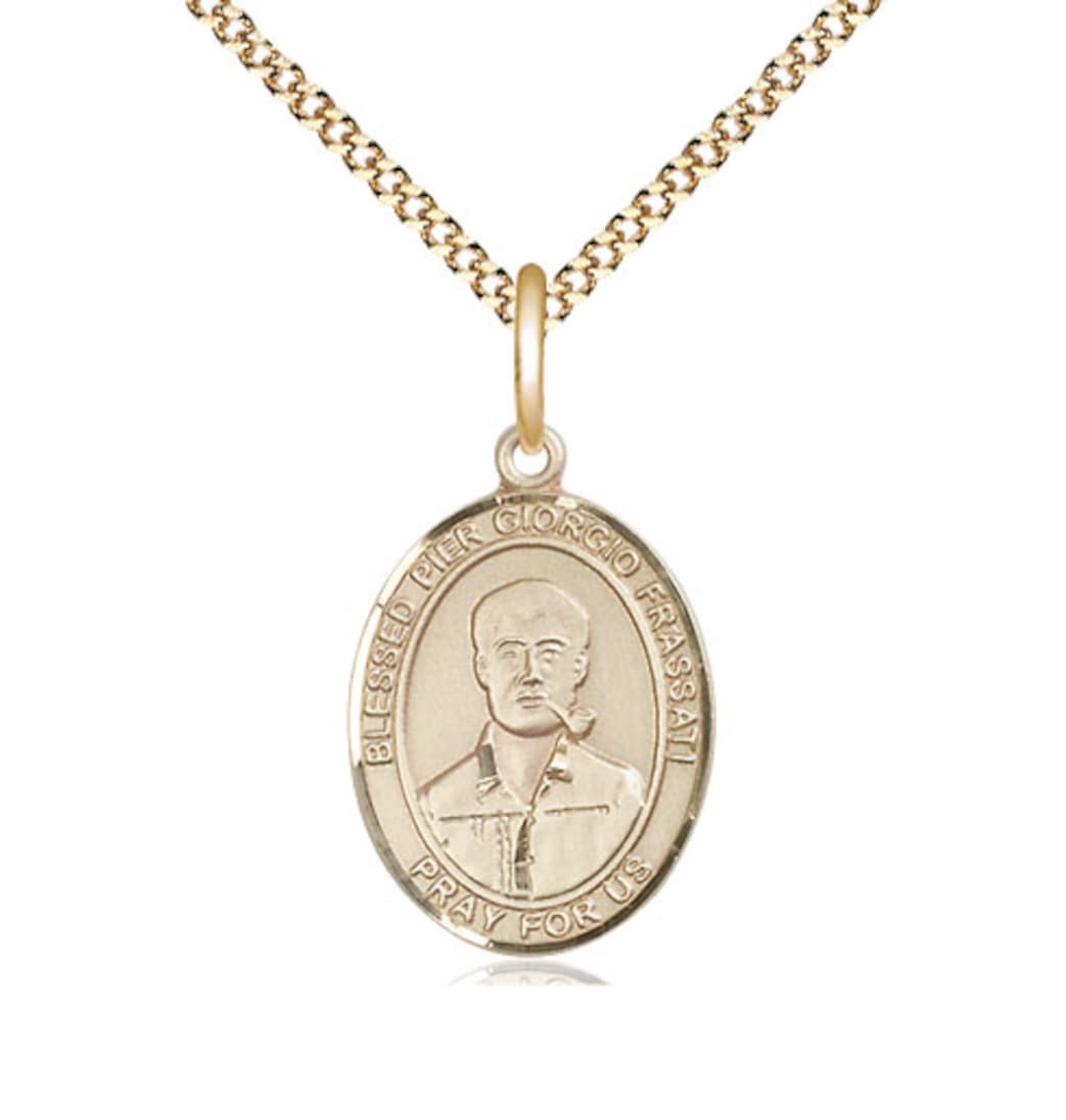 Bliss 14kt Gold Filled Blessed Pier Giorgio Frassati Pendant on a Gold Plate Light Curb Chain,