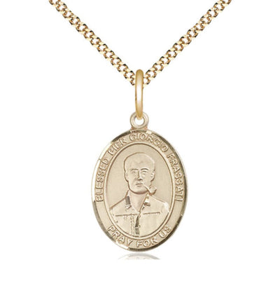 14kt Gold Filled Blessed Pier Giorgio Frassati Pendant on a Gold Plate Light Curb Chain, Bliss Manufacturing
