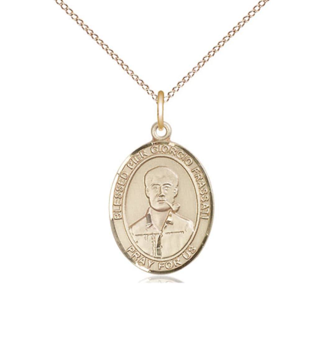 Bliss 14kt Gold Filled Blessed Pier Giorgio Frassati Pendant on a Gold Filled Light Curb Chain,