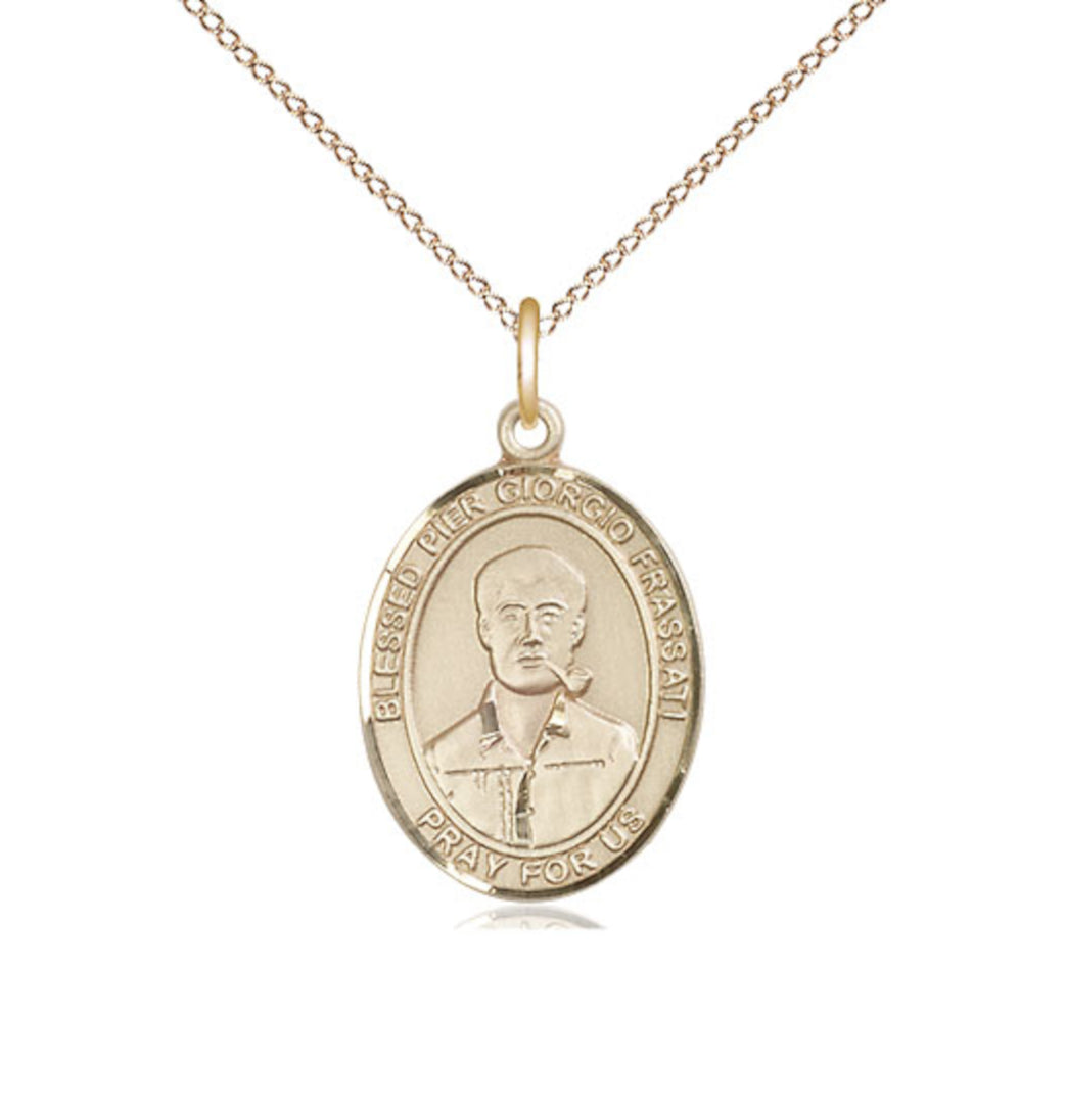 Bliss 14kt Gold Blessed Pier Giorgio Frassati Pendant on a 14kt Gold Light Curb Chain,