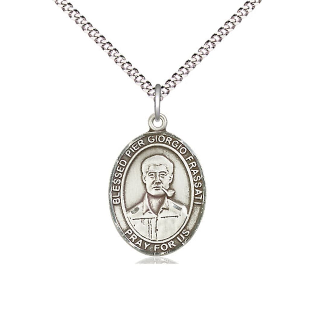 Bliss Medium Pewter Blessed Pier Giorgio Frassati Pendant on a Light Rhodium Light Curb Chain,