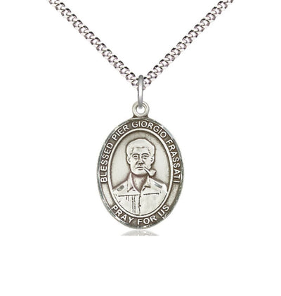 Sterling Silver Blessed Pier Giorgio Frassati Pendant on a Light Rhodium Light Curb Chain, Bliss Manufacturing