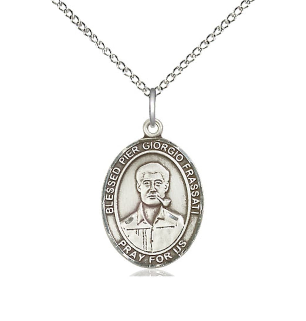 Bliss Sterling Silver Blessed Pier Giorgio Frassati Pendant on a Sterling Silver Light Curb Chain,