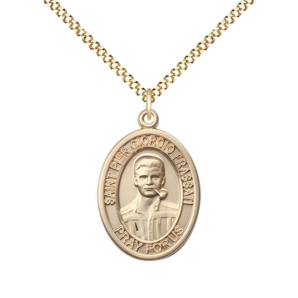 Medium Saint Pier Giorgio Frassati 14kt Gold-filled Oval Medal Pendant with Gold-plated Curb Chain in Deluxe Gift Box | Bliss Manufacturing