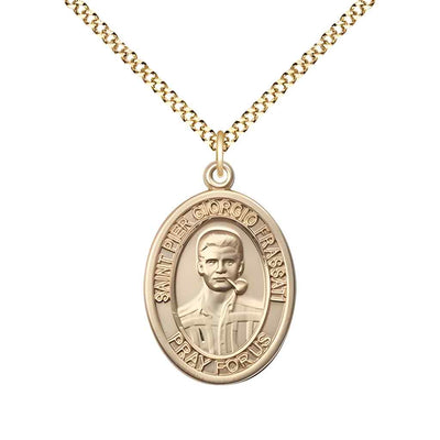 Medium Saint Pier Giorgio Frassati 14kt Gold-filled Oval Medal Pendant with Gold-plated Curb Chain in Deluxe Gift Box | Bliss Manufacturing