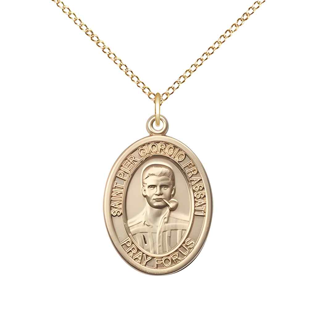 Medium Saint Pier Giorgio Frassati 14kt Gold Oval Medal Pendant with 14kt Gold Curb Chain in Deluxe Gift Box | Bliss Manufacturing