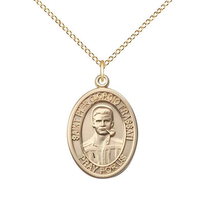 Medium Saint Pier Giorgio Frassati 14kt Gold Oval Medal Pendant with 14kt Gold Curb Chain in Deluxe Gift Box | Bliss Manufacturing