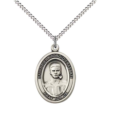 Medium Saint Pier Giorgio Frassati Sterling Silver Oval Medal Pendant with Rhodium-plated Curb Chain in Deluxe Gift Box | Bliss Manufacturing