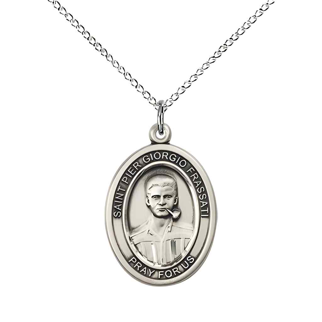 Medium Saint Pier Giorgio Frassati Sterling Silver Oval Medal Pendant with Sterling Silver Curb Chain in Deluxe Gift Box | Bliss Manufacturing